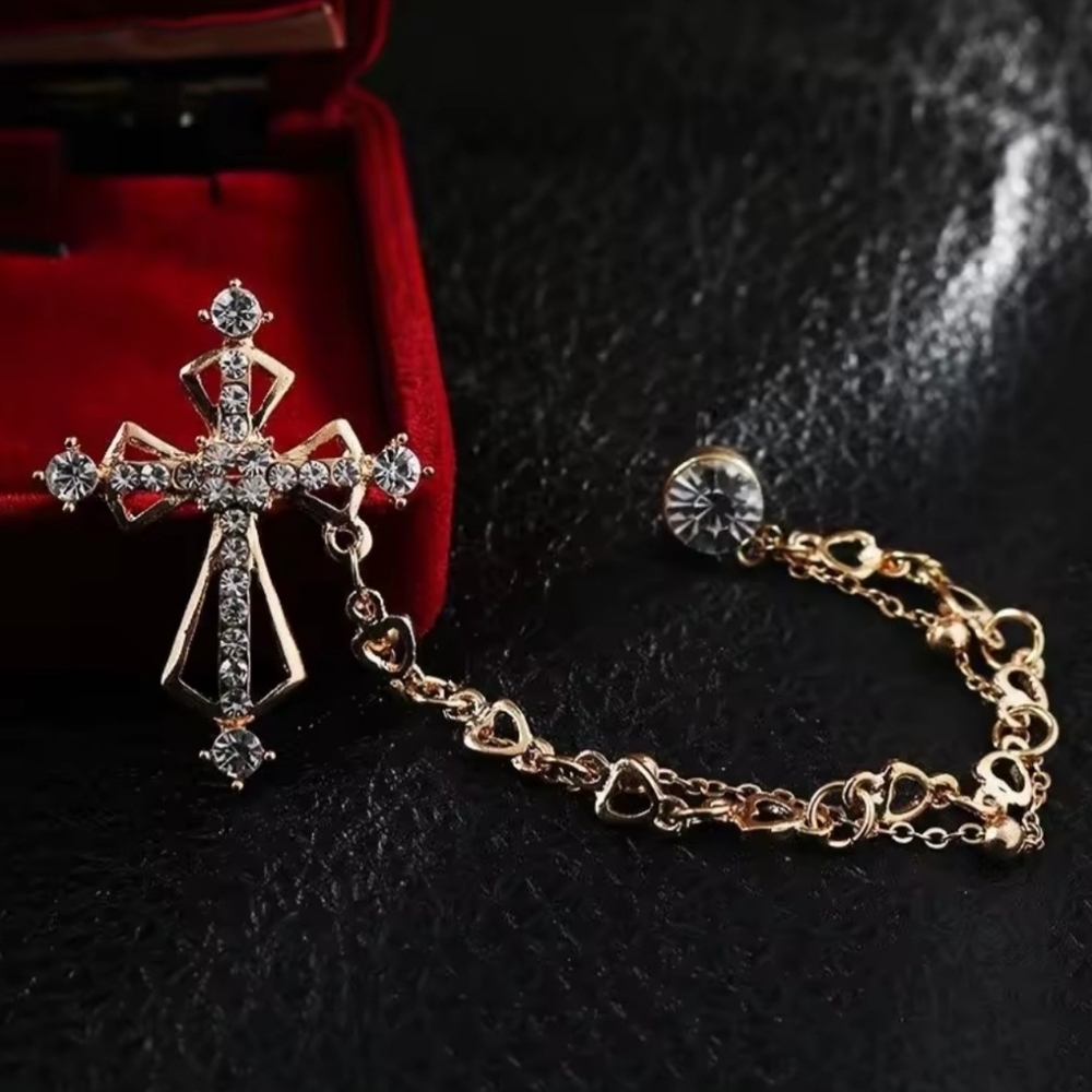 Brand New Gold Tone Cross Rhinestone Brooch Pin